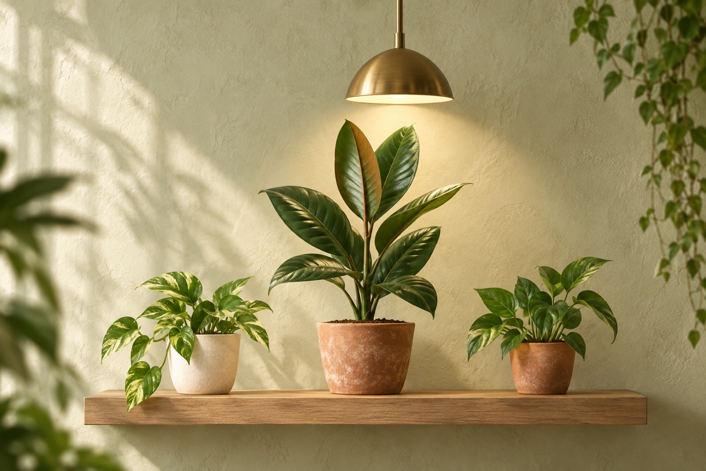 AI-generated illustration: Three potted plants, one taller in the center, beneath a brass pendant.