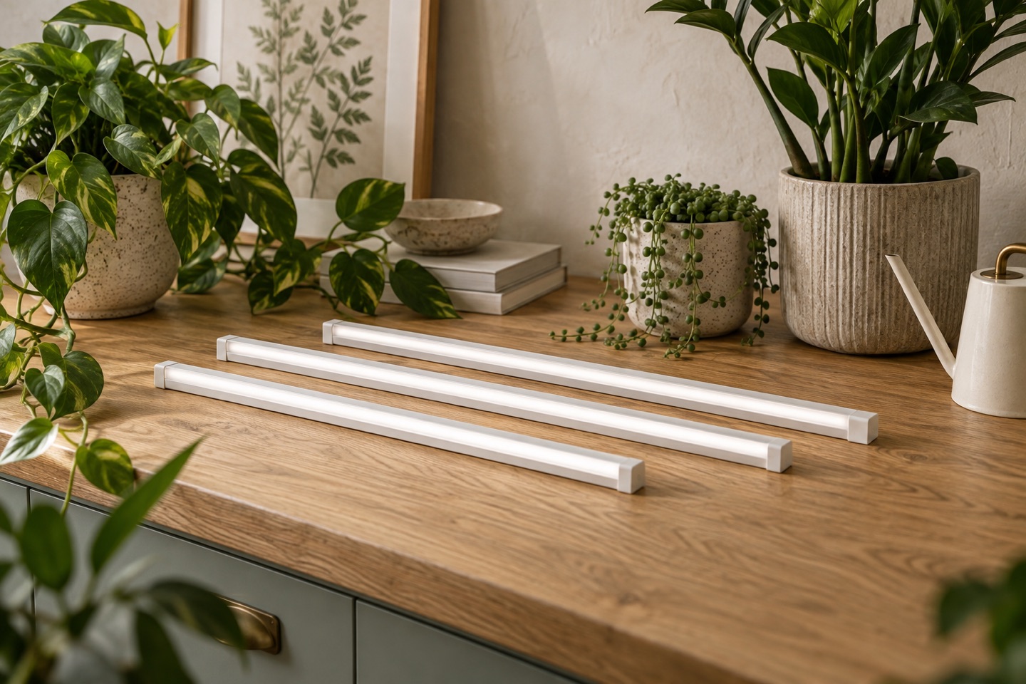 AI-generated illustration: Generic linear light-bar concepts on an oak surface.