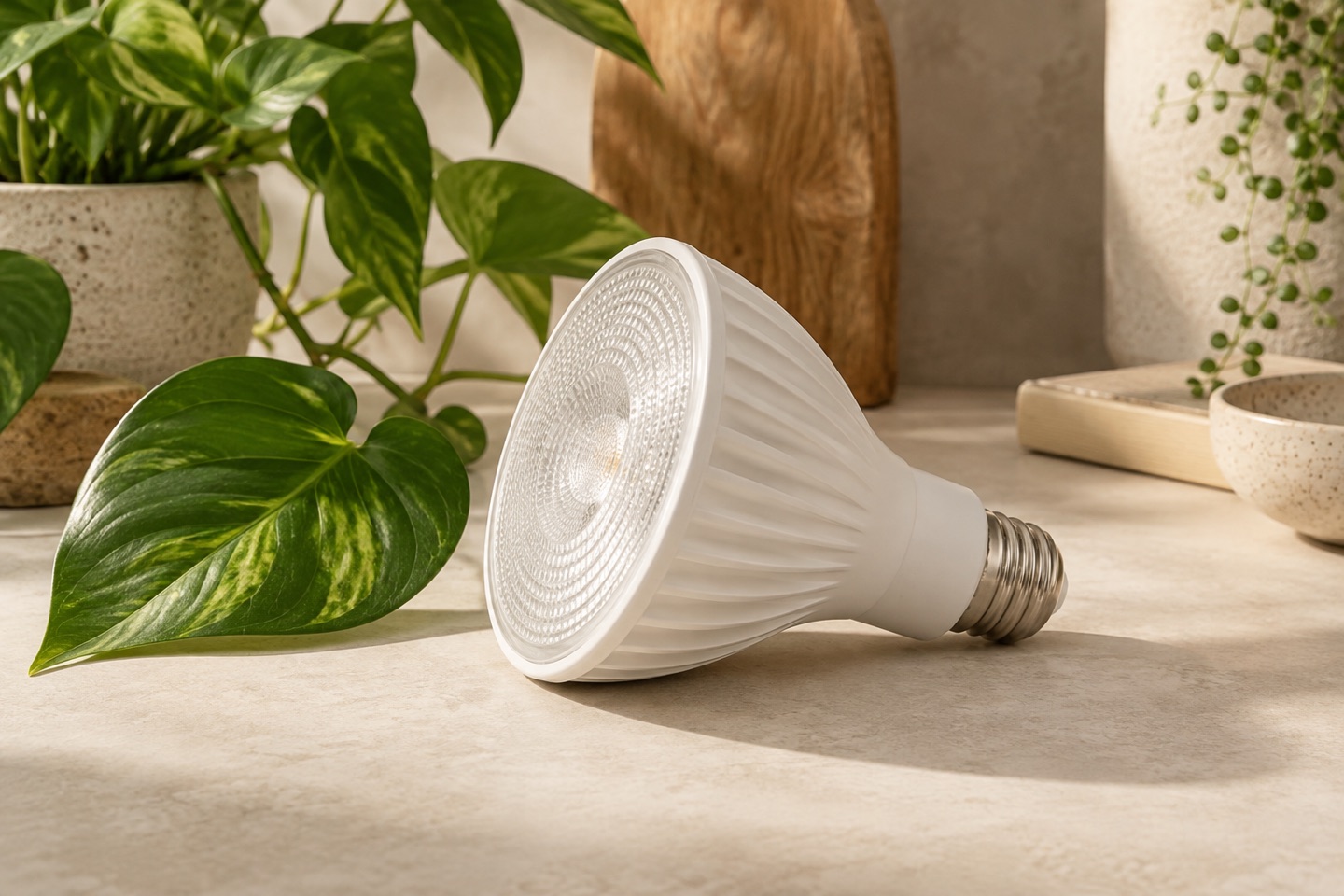 AI-generated illustration: Generic ribbed reflector bulb concept on an ivory surface.