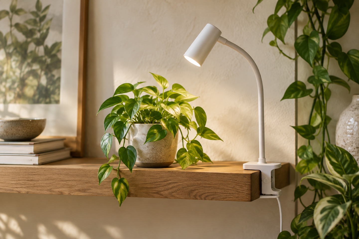 AI-generated illustration: Generic single-head clip-on lamp concept beside a potted plant.