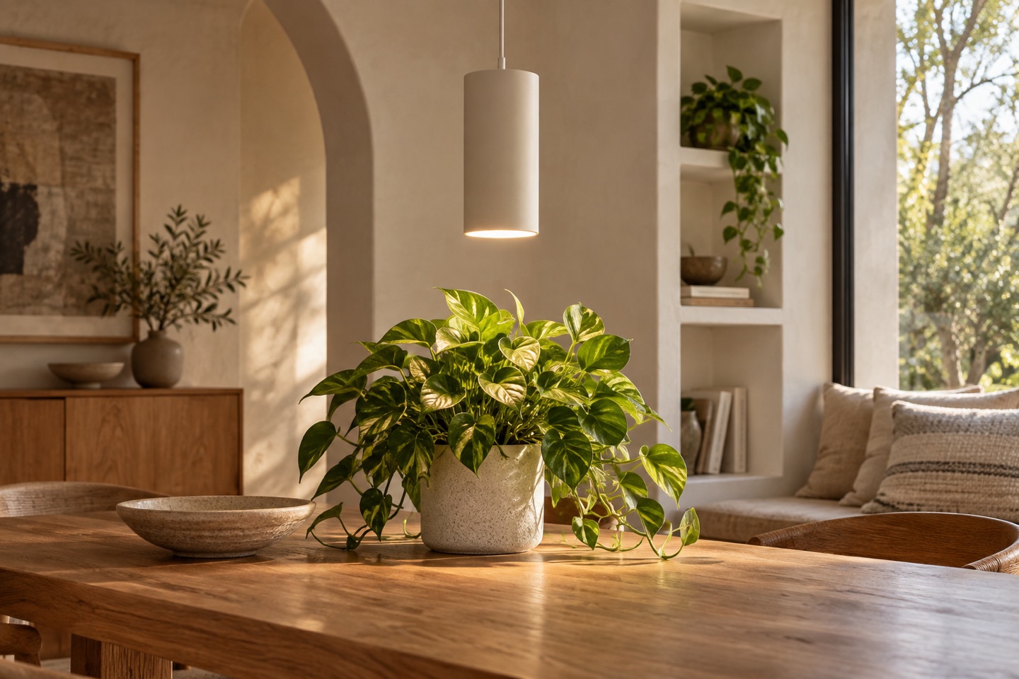 AI-generated illustration: Generic cylindrical pendant-light concept above a plant.