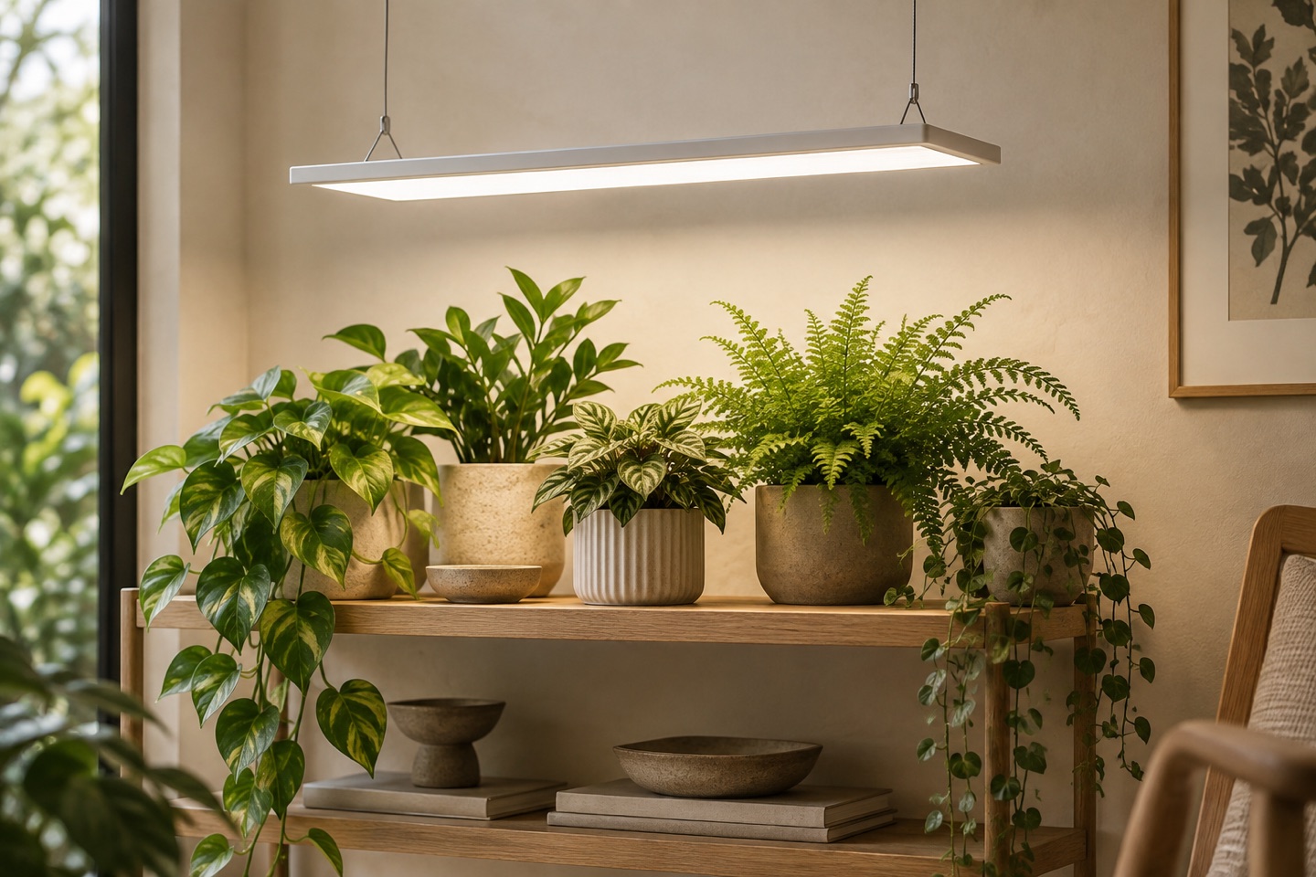 AI-generated illustration: Generic rectangular plant-light panel concept suspended above plants.