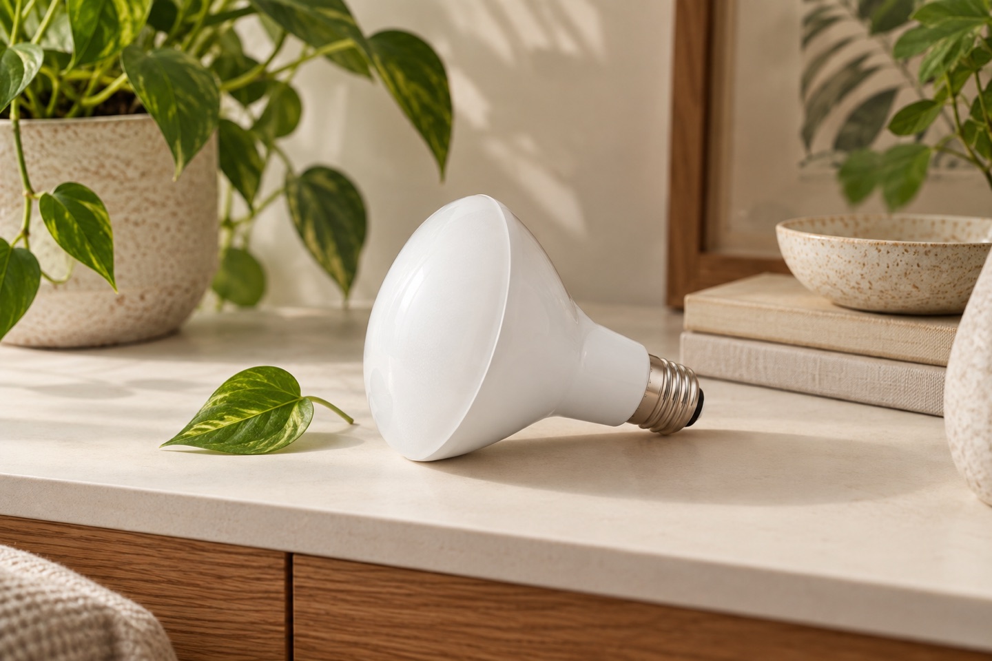 AI-generated illustration: Generic smooth reflector bulb concept on an ivory surface.