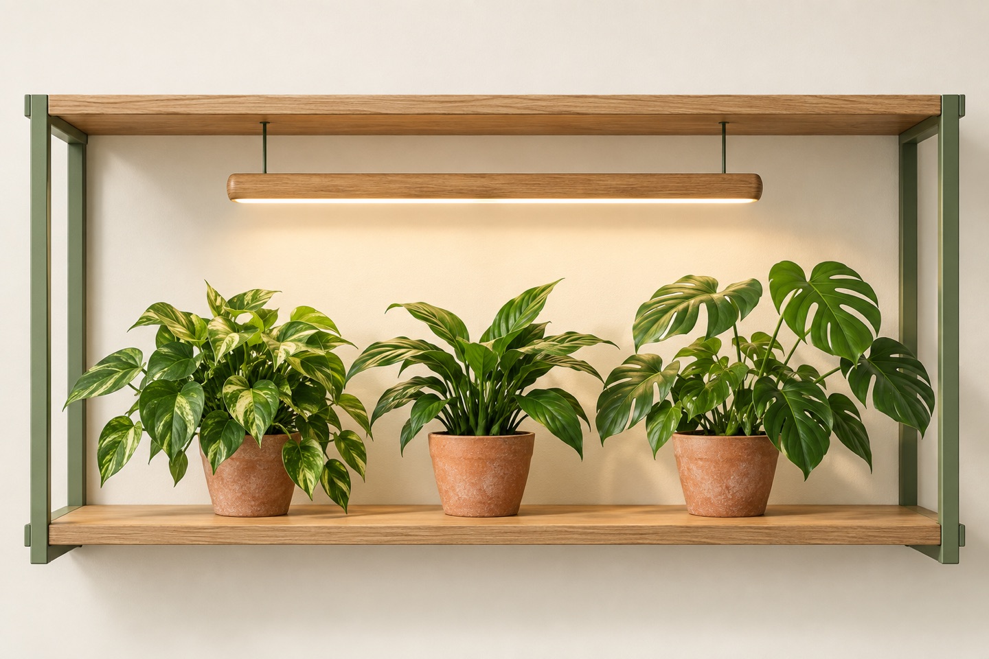 AI-generated illustration: Three plants on an oak shelf beneath a suspended lamp, with visible canopy clearance.
